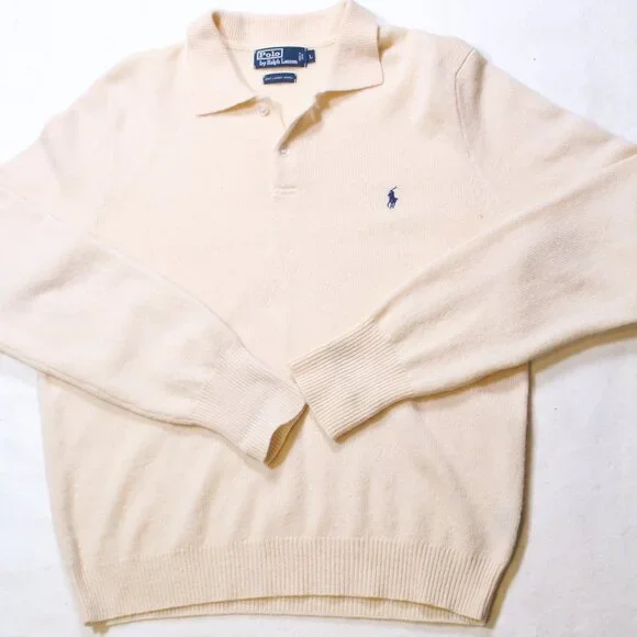 Polo Ralph Lauren Lambswool Knit Sweater Cream Mens L Waist Length